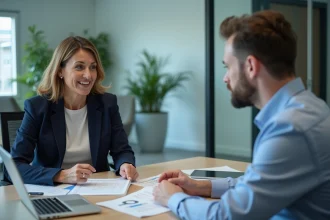 Une femme négocie un crédit immobilier avec son conseiller bancaire autour d'un tableau de taux CMS 10 ans