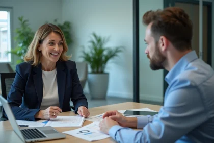 Une femme négocie un crédit immobilier avec son conseiller bancaire autour d'un tableau de taux CMS 10 ans