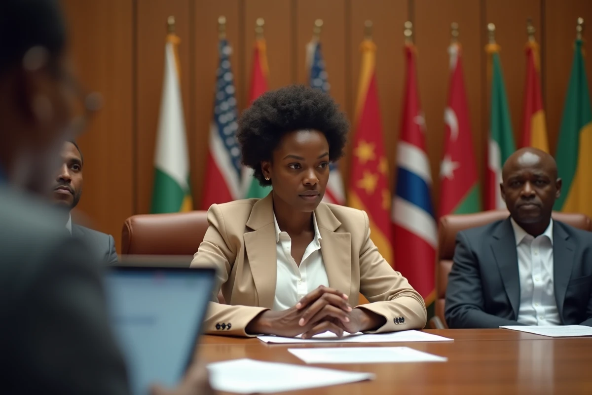 Négociatrice commerciale africaine participant à un sommet économique international sur le poids des nations émergentes