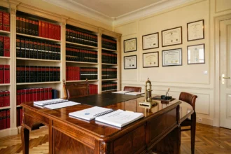 Bureau de notaire dans le Loiret avec documents officiels et mobilier professionnel classique