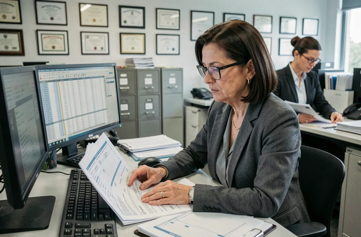Expert-comptable d'ORCOM analysant des documents de conseil patrimonial sur son poste de travail dans un cabinet comptable professionnel