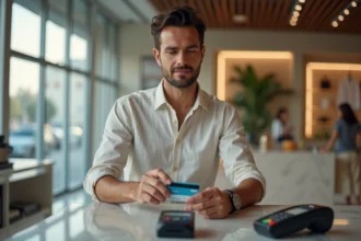 Homme payant sans contact par carte bancaire en dirhams des Émirats arabes unis dans une boutique de Dubaï