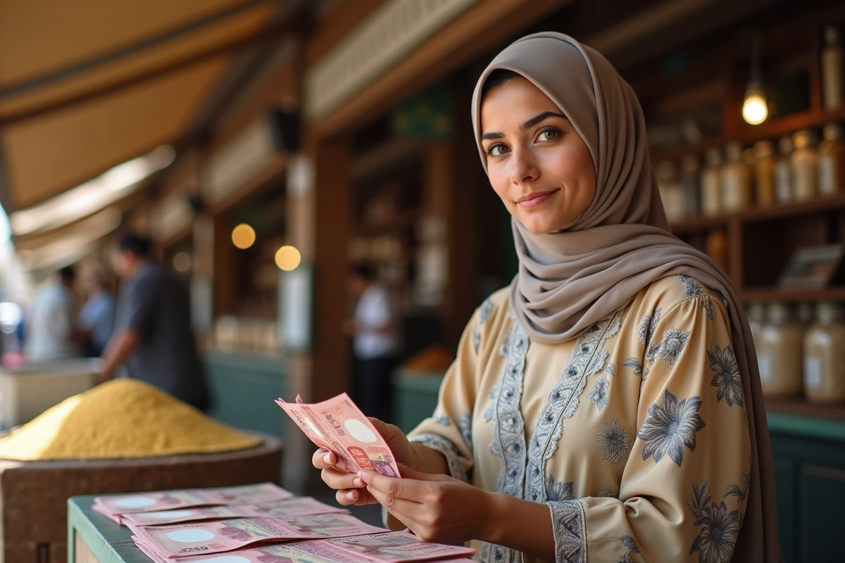 Femme comptant des billets de dirhams des Émirats arabes unis dans un souk traditionnel