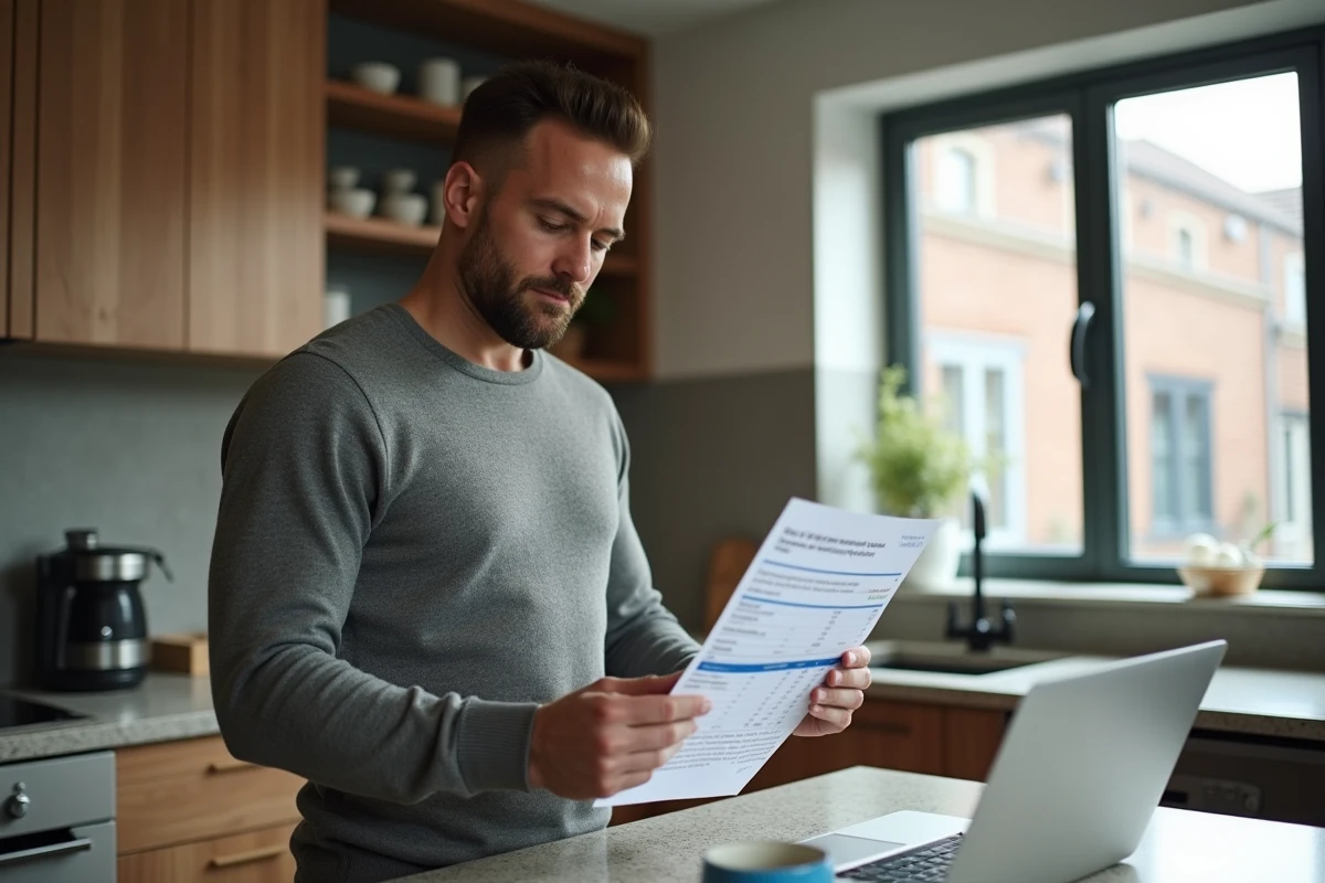 Un particulier analyse une offre de prêt immobilier indexée sur le taux CMS 10 ans dans sa cuisine