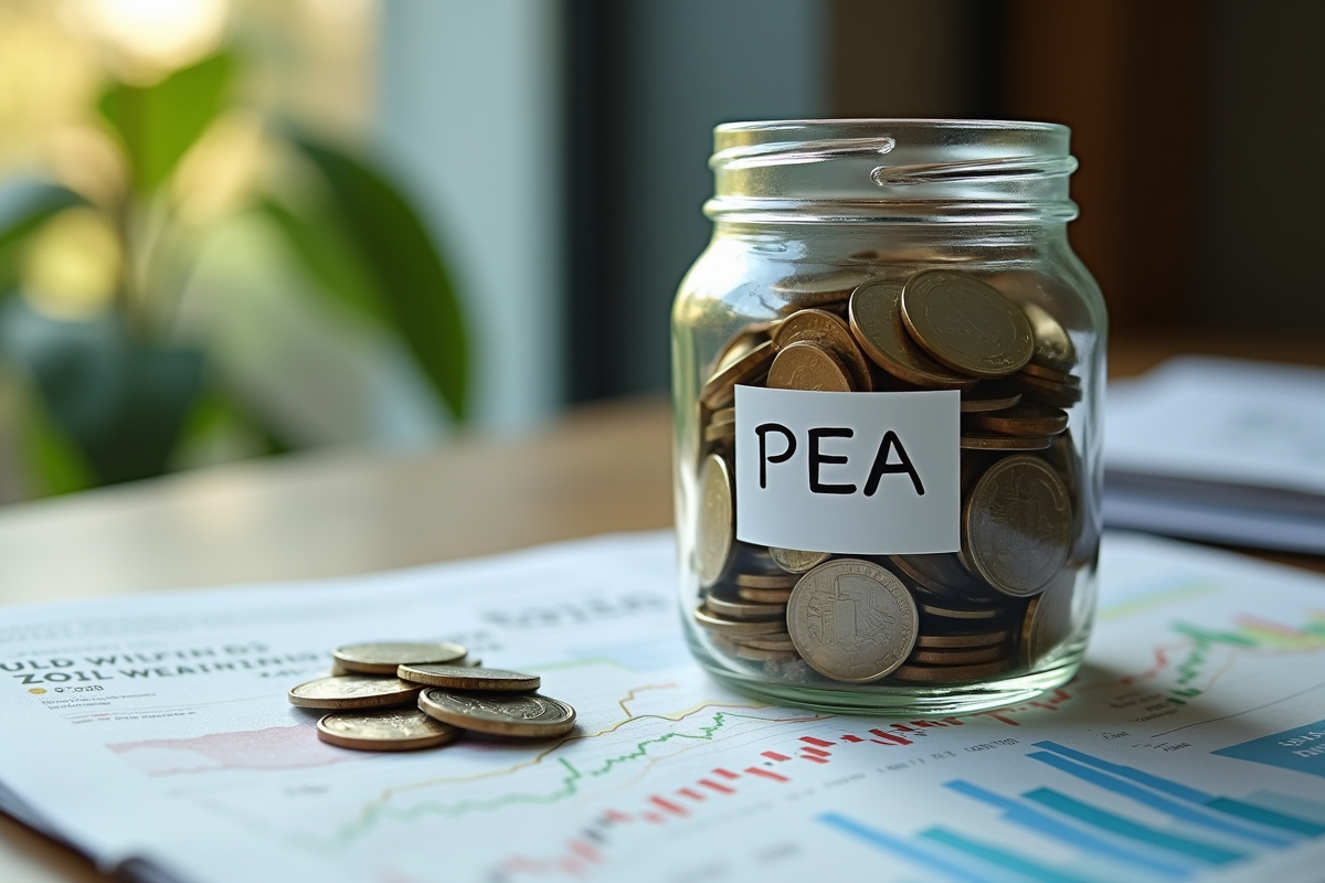 Pot de PEAs avec pièces et billets sur un journal financier avec graphiques