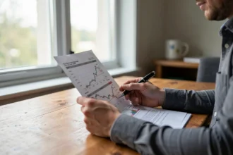 Personne lisant des documents financiers à un bureau en bois