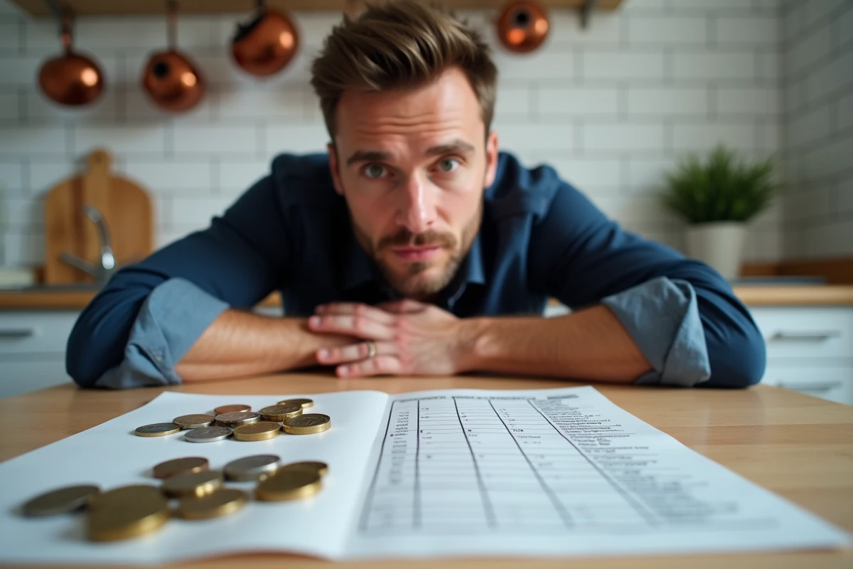 Homme comparant des pièces en francs et en euros sur une table avec une feuille de taux de conversion officiel