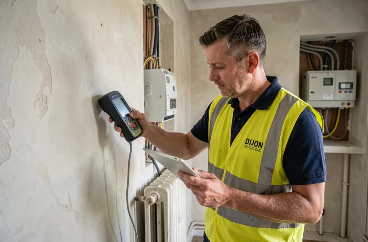 Technicien en diagnostic immobilier utilisant un hygromètre lors d'une inspection d'appartement à Dijon pour PMC Services Habitat