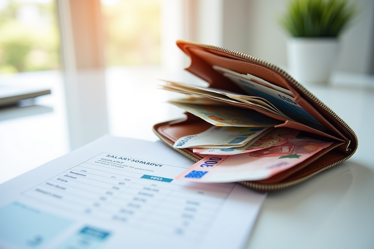 Portefeuille avec billets d euro et tableau de salaire sur table blanche