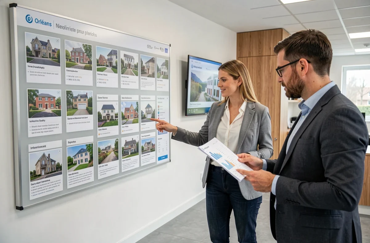 Courtière de Prelys Courtage présentant des options d'investissement immobilier patrimonial à un client dans son agence à Orléans
