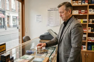 Un homme dans un bureau de tabac belge posant des euros sur le comptoir à côté d'un paquet de cigarettes face à une liste de prix
