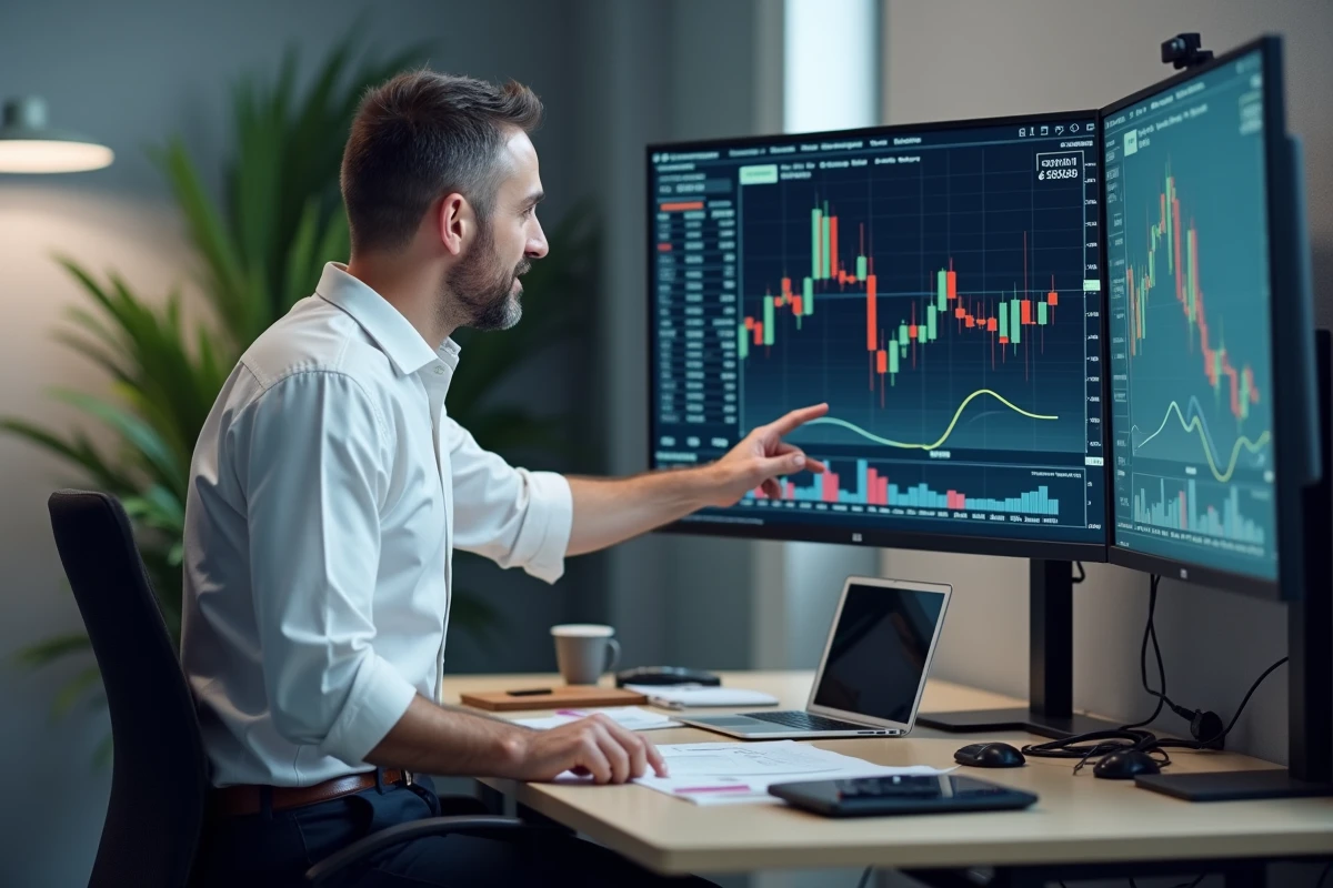 Professionnel examinant un rapport de backtest d'un EA Forex avec courbes de drawdown dans un bureau de trading