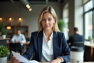 Professionnelle indépendante examinant des documents d'assurance Qlara dans un espace de coworking moderne