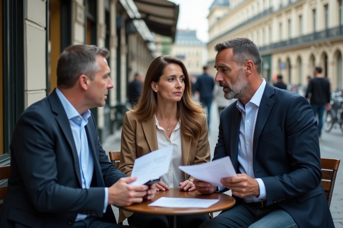 Trois professionnels français en discussion animée dans un café parisien, représentant le débat citoyen sur les inégalités salariales et les rémunérations des conseillers influents