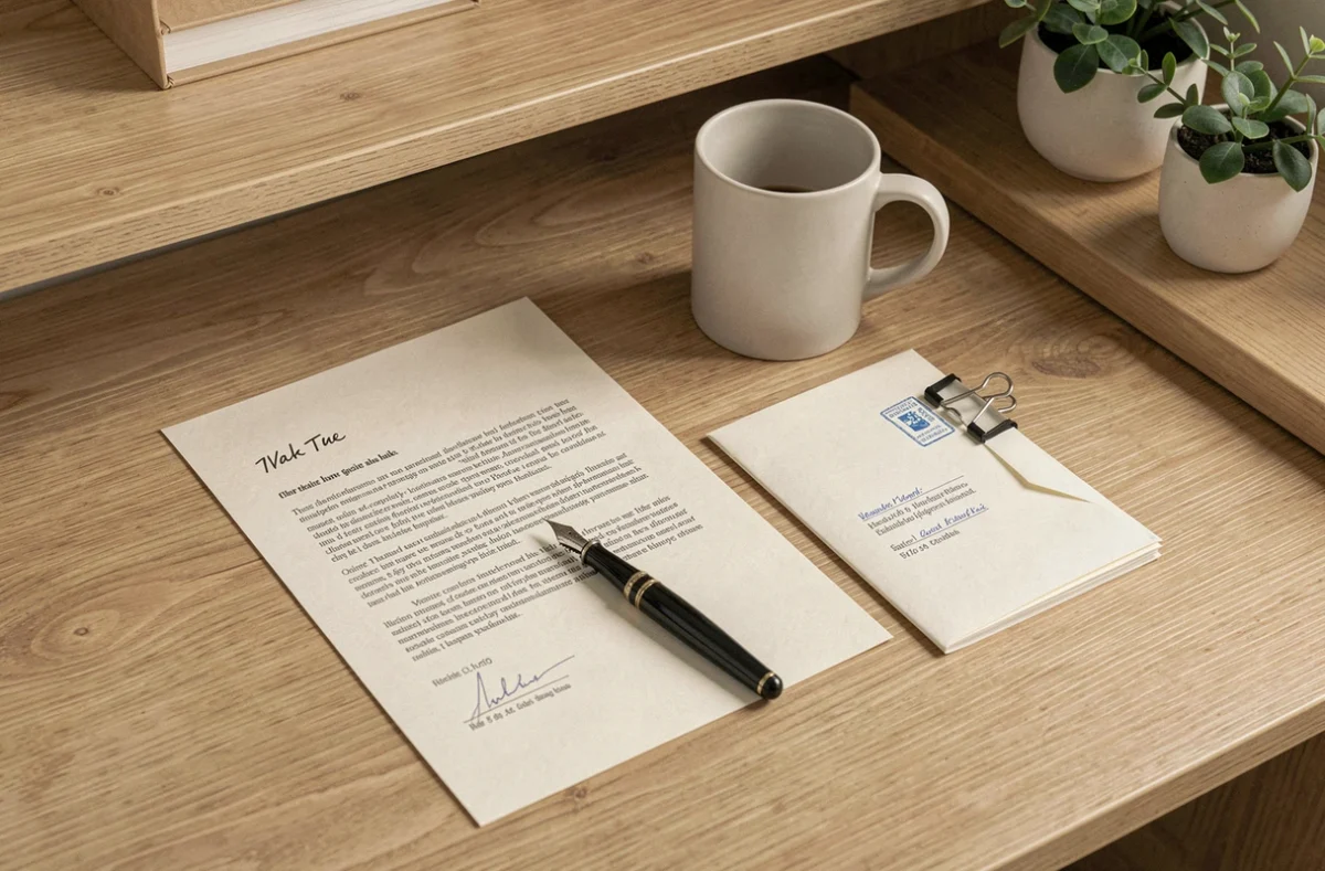 Bureau à domicile avec une lettre rédigée et une enveloppe adressée à la Mutuelle Générale prête à être envoyée