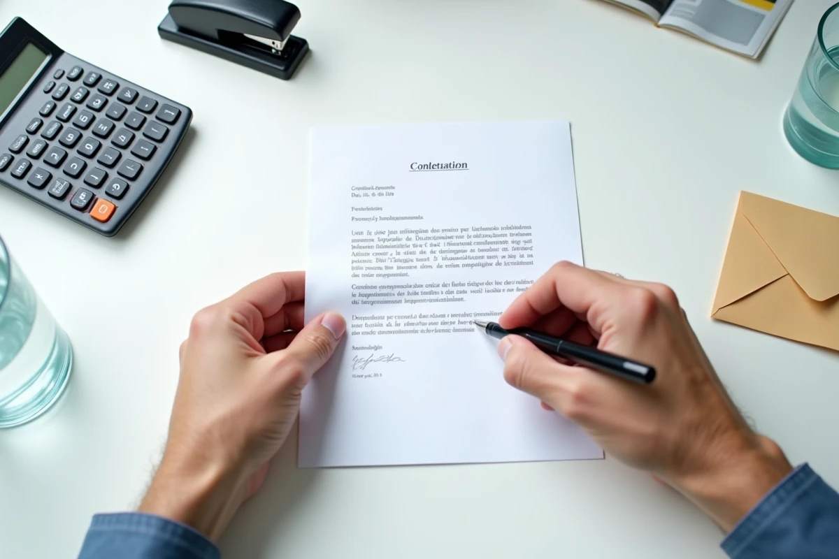 Mains rédigeant une lettre de contestation d'une dette avec une enveloppe officielle sur un bureau