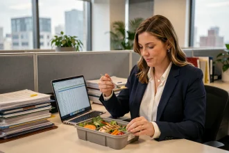 Femme cadre mangeant un repas maison à son bureau au travail avec documents fiscaux visibles sur ordinateur