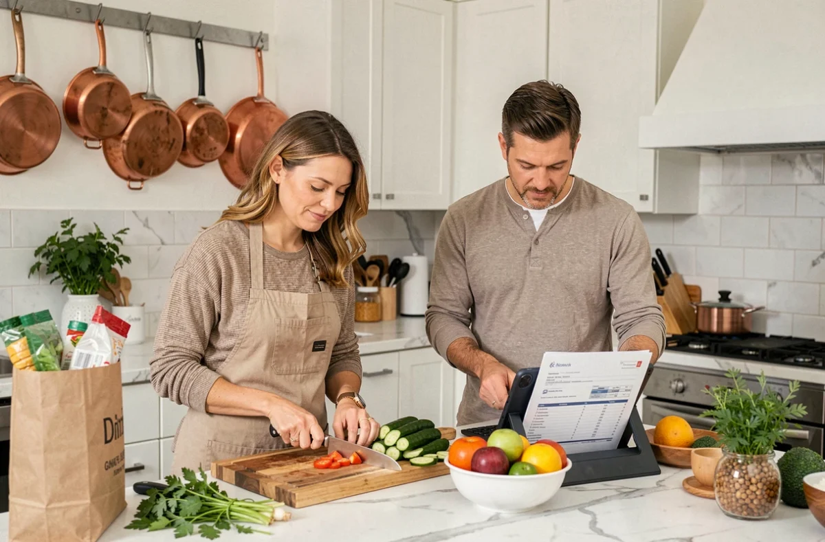 Couple préparant un repas à domicile en consultant leur déclaration d'impôts sur tablette dans la cuisine