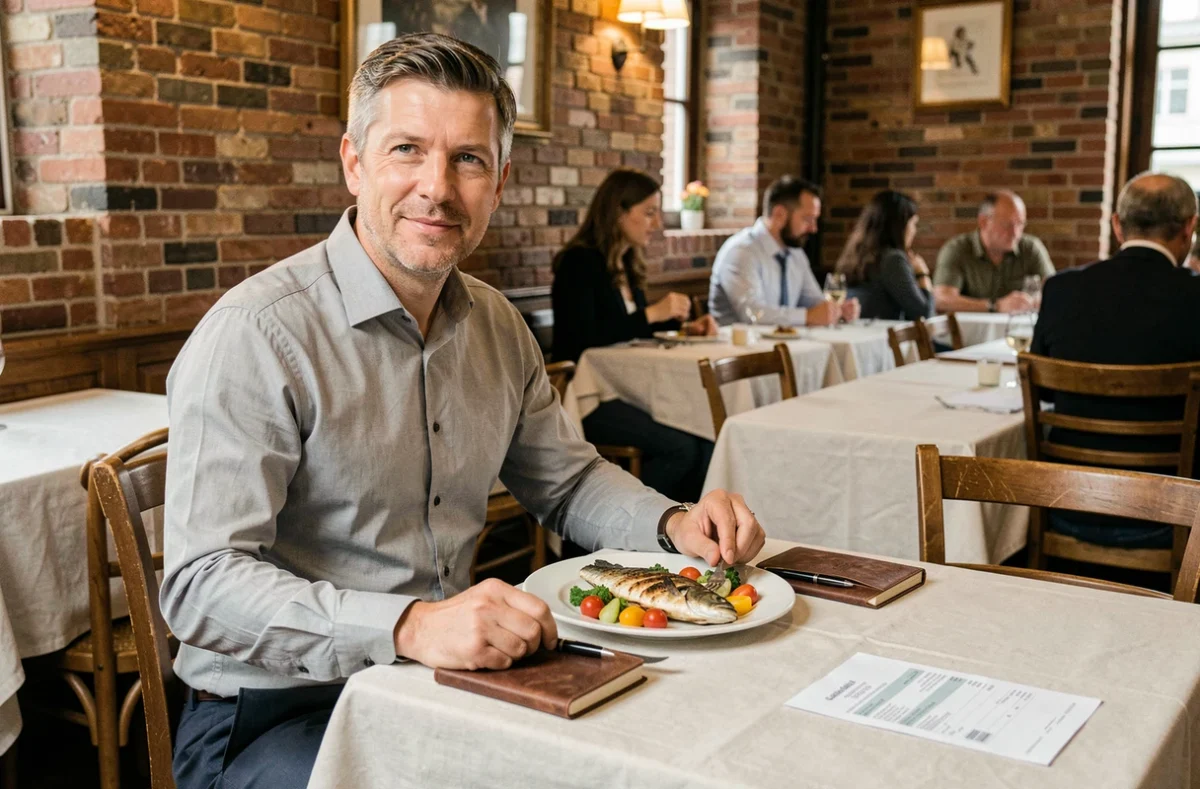 Homme d'affaires déjeunant au restaurant avec une note de frais posée sur la table pour déduction fiscale