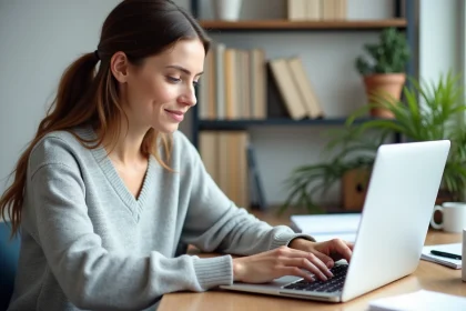 Femme remplissant un formulaire de résiliation d'assurance en ligne sur un ordinateur portable depuis son bureau à domicile