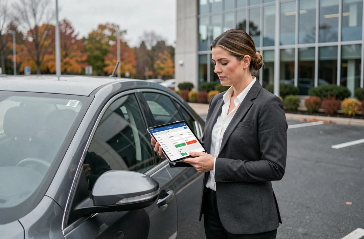 Responsable de flotte automobile vérifiant le calcul de la taxe sur les véhicules de sociétés 2026 sur une tablette dans un parking d'entreprise