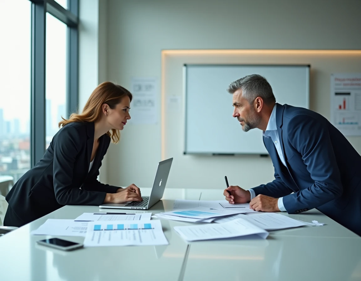 Deux collaborateurs analysant des rapports financiers pour respecter les délais du bilan comptable annuel