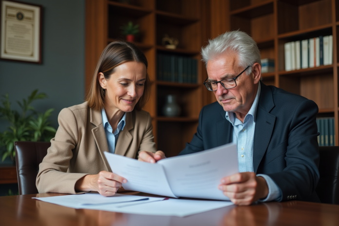 reunion-gestion-retraite Femme et homme d age moyen en réunion de gestion retraite