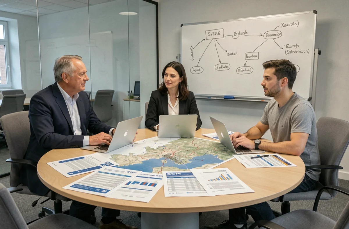 Réunion de professionnels analysant les performances et la diversification géographique d'une SCPI en salle de conférence