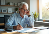 Fonctionnaire senior examinant documents de retraite dans un bureau lumineux