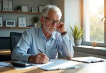 Fonctionnaire senior examinant documents de retraite dans un bureau lumineux