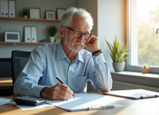 Fonctionnaire senior examinant documents de retraite dans un bureau lumineux