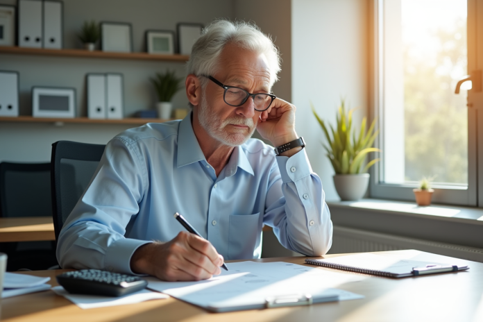 Fonctionnaire senior examinant documents de retraite dans un bureau lumineux