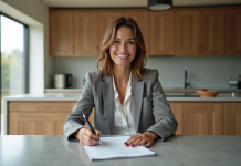 Acheter rapidement une maison : astuces efficaces et pratiques Femme souriante signant des documents immobiliers dans une cuisine lumineuse