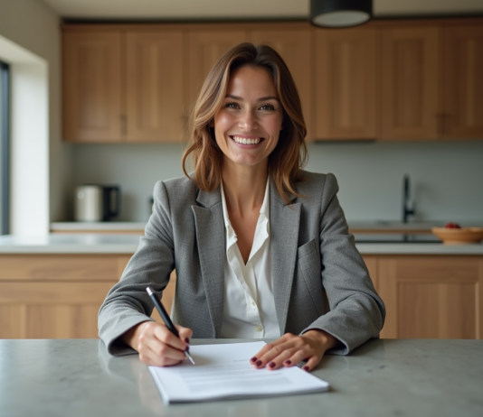 Acheter rapidement une maison : astuces efficaces et pratiques Femme souriante signant des documents immobiliers dans une cuisine lumineuse