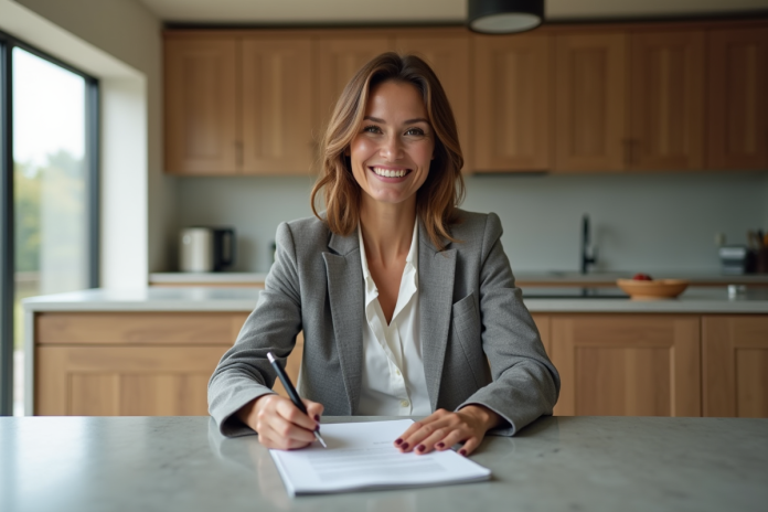 signature-achat-immobilier Femme souriante signant des documents immobiliers dans une cuisine lumineuse