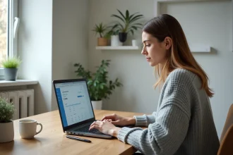 Femme consultant ses opérations bancaires en temps réel sur lcl.fr depuis son ordinateur portable à domicile