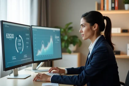 Femme professionnelle analysant son tableau de bord de surveillance de crédit sur deux écrans dans un bureau moderne