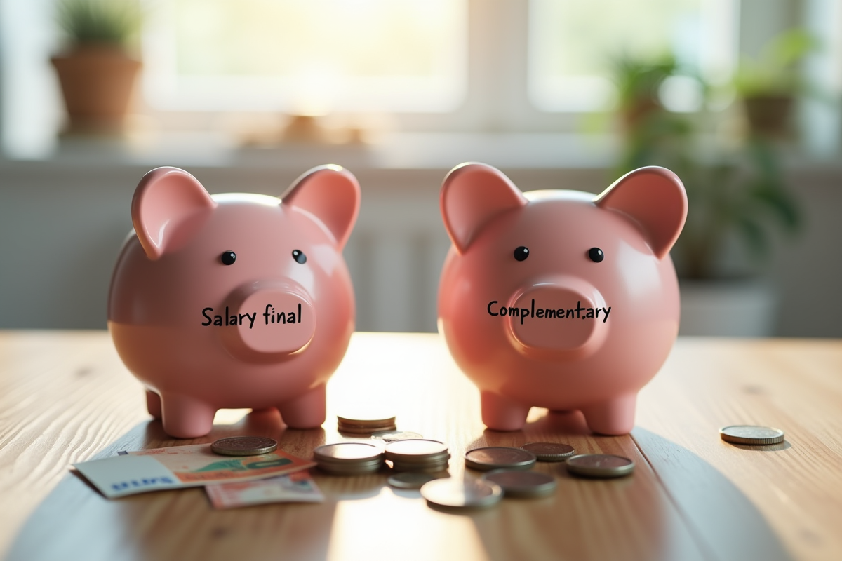 Deux tirelires sur une table en bois avec pièces et billets euros