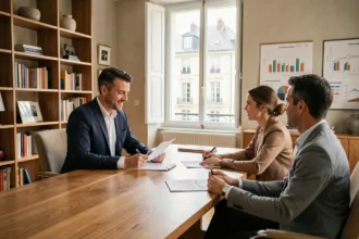Scène de conseil en gestion de patrimoine dans un cabinet professionnel du Loiret, avec un conseiller et ses clients autour d'un bureau élégant