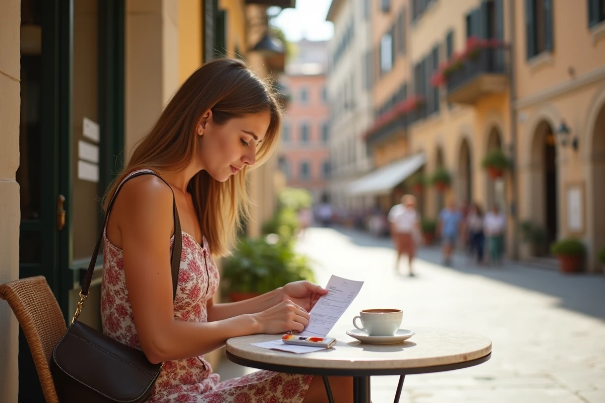 Touriste consultant le prix de son paquet de cigarettes à une terrasse de café en Italie