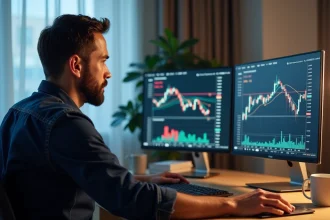 Trader analysant les erreurs d'un Expert Advisor Forex sur écran double dans un bureau moderne