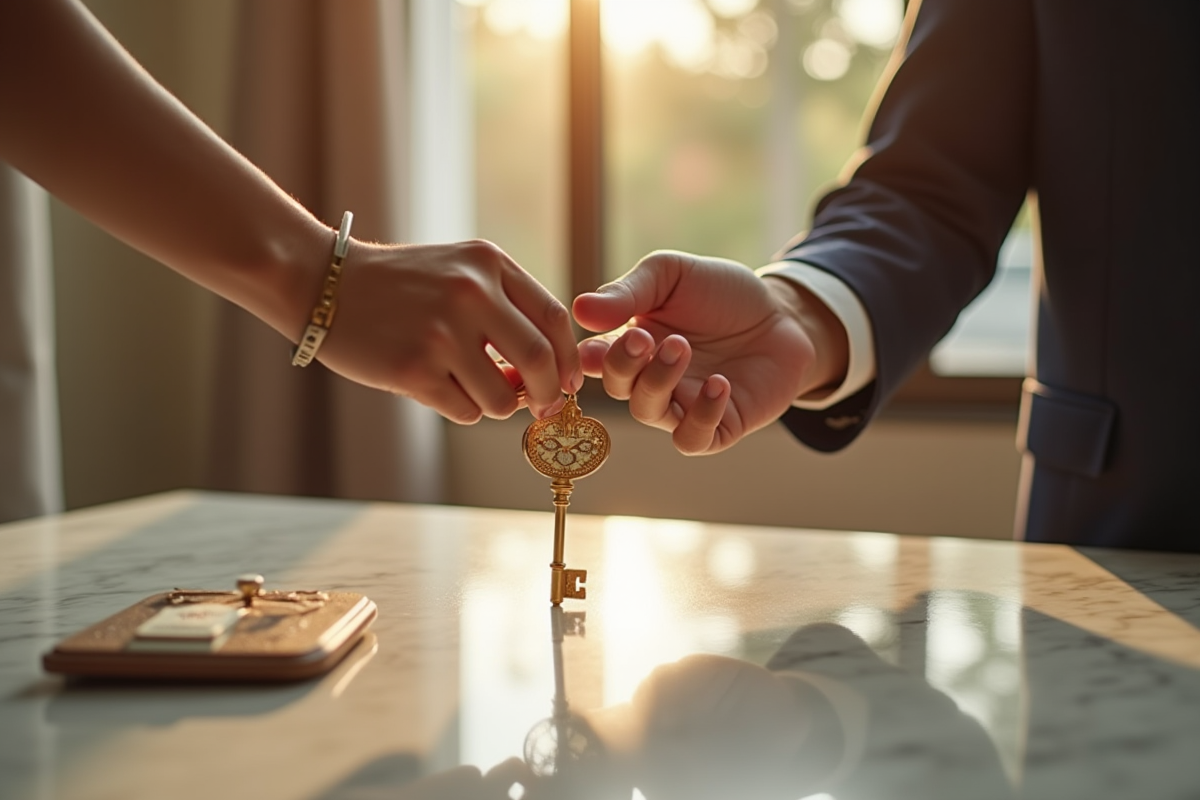 Main passant une clé et une montre vintage sur un marbre