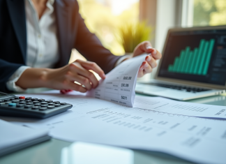 Professionnel travaillant sur un bureau moderne avec fiches de paie