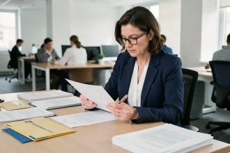 Femme professionnelle vérifiant l'adresse d'un courrier destiné à La Banque Postale centre financier