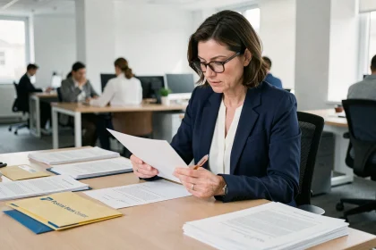 Femme professionnelle vérifiant l'adresse d'un courrier destiné à La Banque Postale centre financier