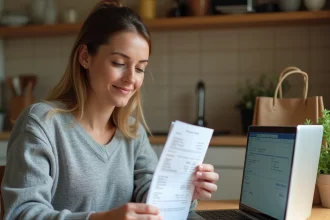 Femme vérifiant une facture Carrefour en ligne sur ordinateur portable avec reçu papier posé sur une table en bois dans une cuisine moderne