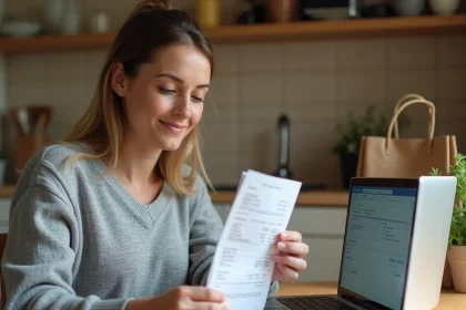 Femme vérifiant une facture Carrefour en ligne sur ordinateur portable avec reçu papier posé sur une table en bois dans une cuisine moderne