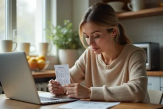 Femme vérifiant son ticket Euromillions sur un ordinateur portable dans une cuisine moderne