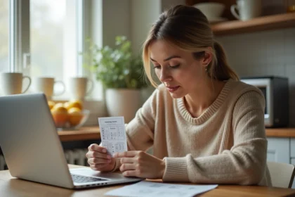 Femme vérifiant son ticket Euromillions sur un ordinateur portable dans une cuisine moderne