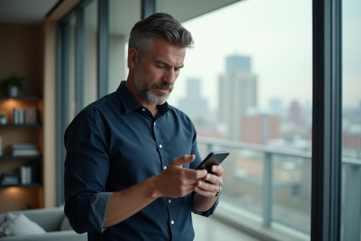 Homme vérifiant ses transactions bancaires LCL en temps réel sur application mobile depuis son appartement